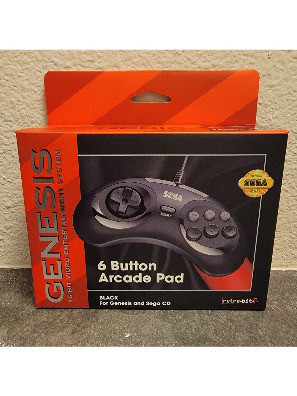 Genesis 6-Button Arcade Pad, Black (NEW) w/ 10-Ft Cable - Retro-Bit - SEGA